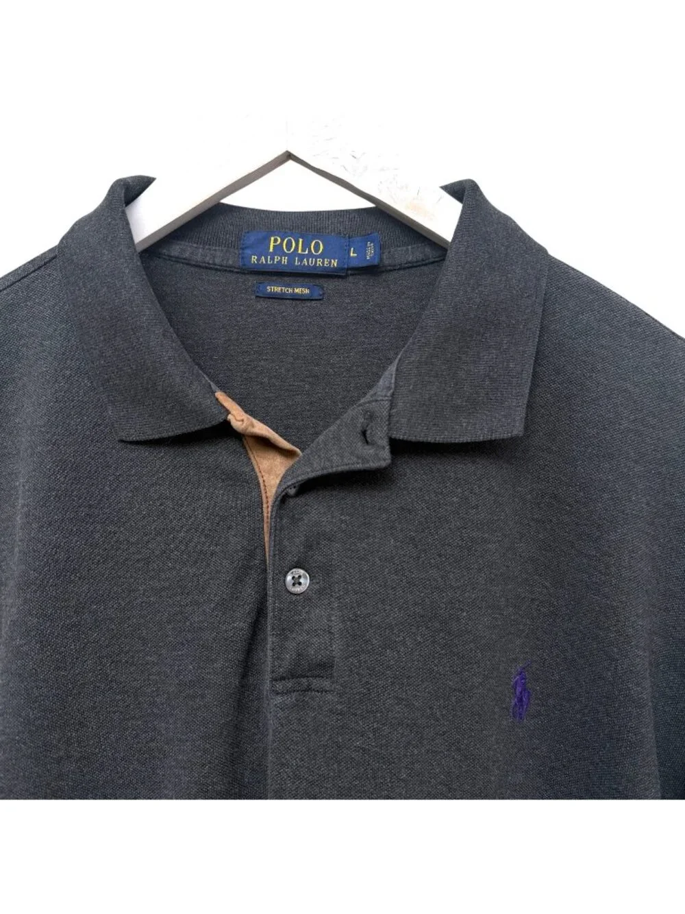 POLO Ralph Lauren Long Sleeve Polo Shirt Large Gray w/ Purple Pony Pique Suede